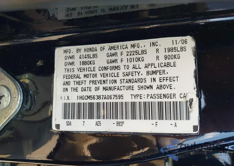 2007 Honda Accord 2.4 Se from USA, damaged, VIN 1HGCM56387A067595